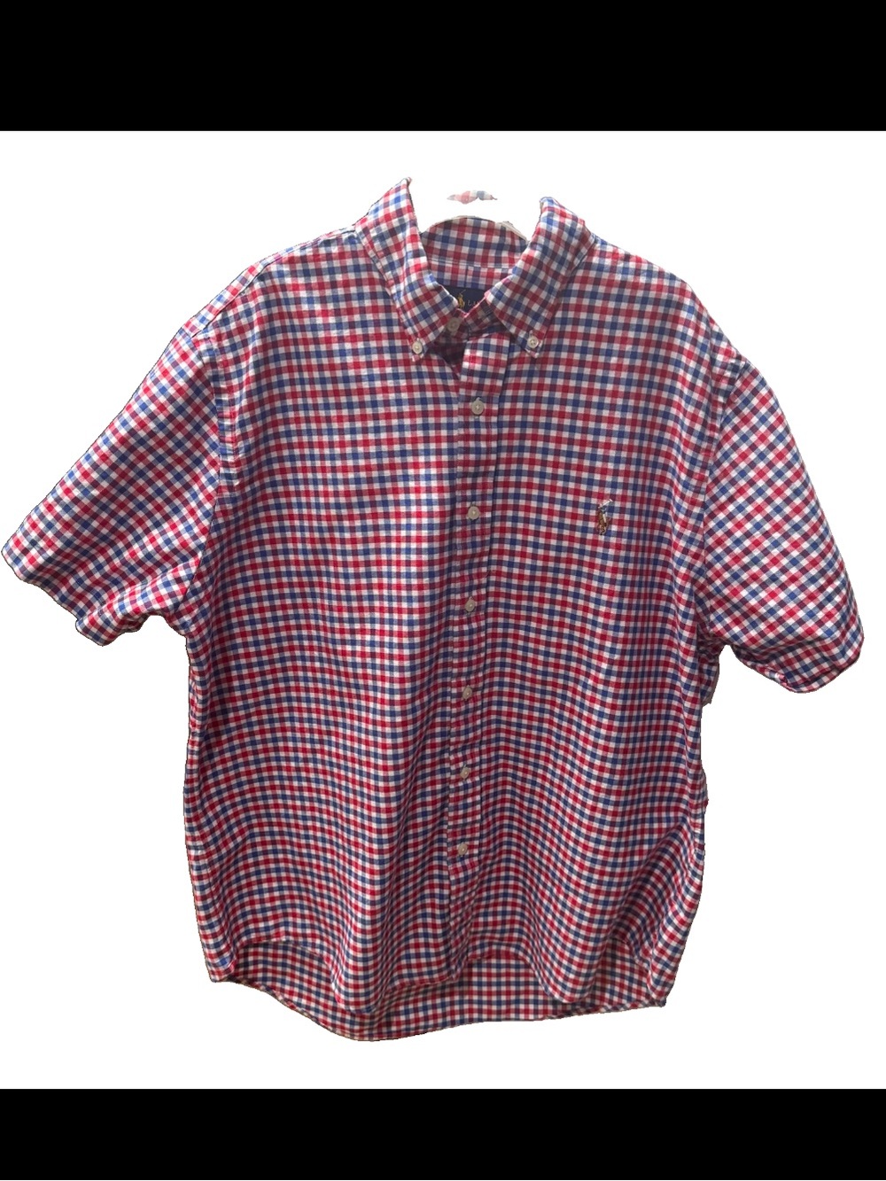 Ralph Lauren Button Shirt Red Blue Gingham Short Sleeve Cotton Classic Preppy